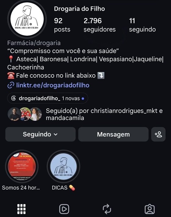 Perfil da Drogaria do Filho antes da CR, com 2.796 seguidores